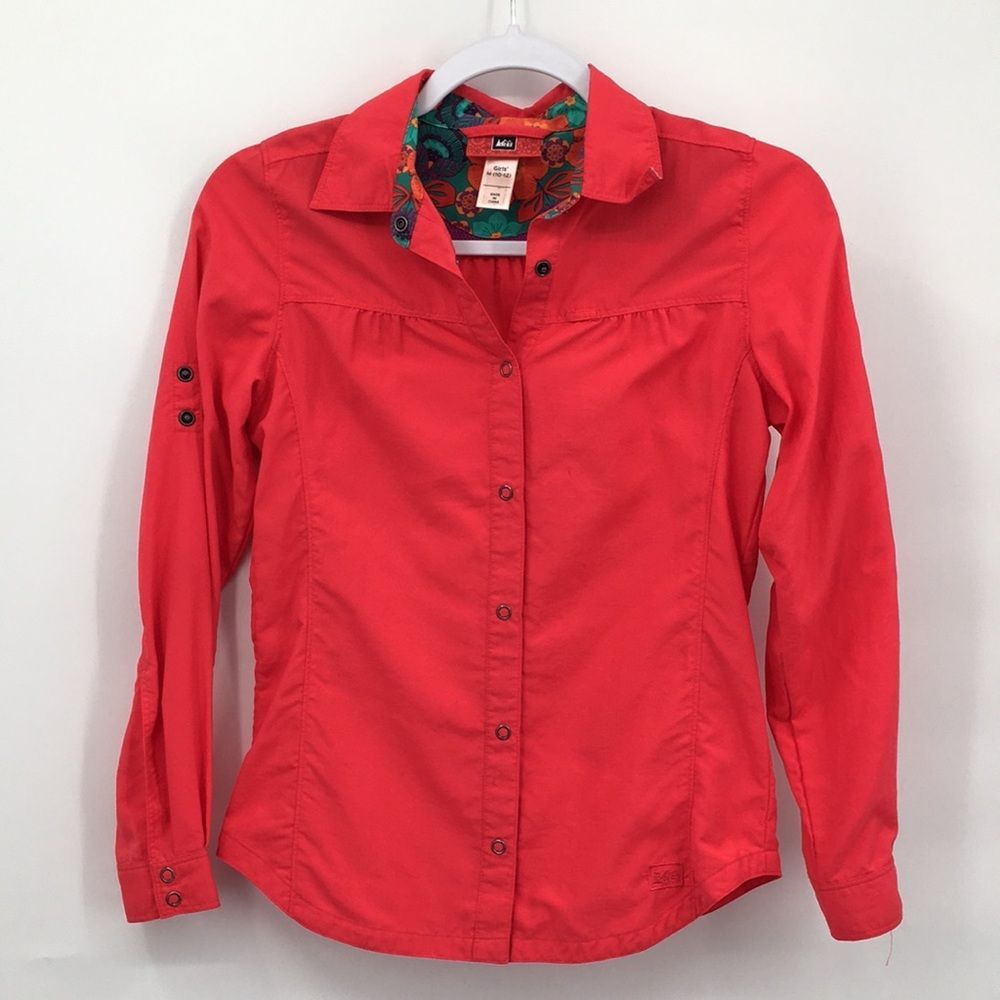 REI Coral Red Long-Sleeve Button-Down Shirt Tab Sleeves Girls’ M 10-12